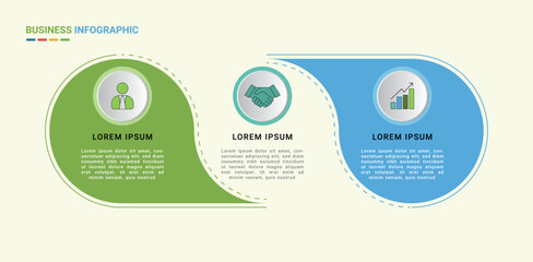 Modern three-step business infographic timeline with curved shapes for workflow, growth, teamwork, and presentation design