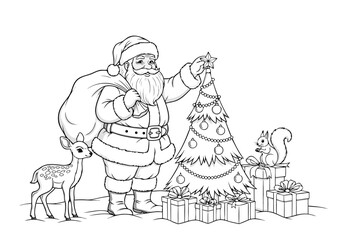 Festive Father Christmas decorating a sparkling evergreen tree for delightful holiday coloring pages