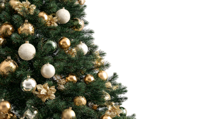 Gold and green Christmas tree with shiny ornaments isolated on white background