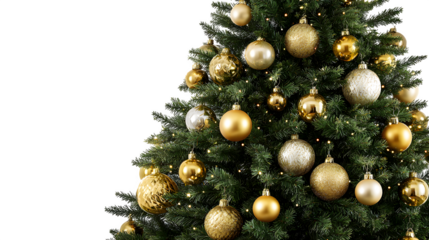 Gold and green Christmas tree with shiny ornaments isolated on white background