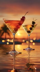 Vibrant Tropical Cocktails Reflecting Golden Sunset on a Serene Evening.