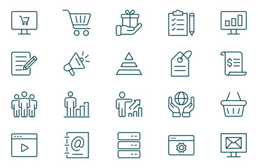 Digital Marketing Line Icon Set. Customer, Community, Video Marketing, Strategy, Keywords, Pay Per Click