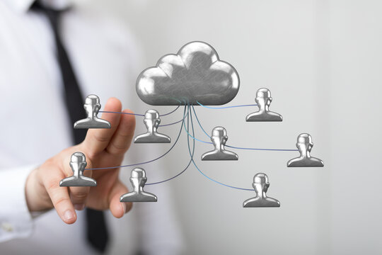 Abstract cloud computing network illustration showing the concept of connection, data storage, and sharing usin