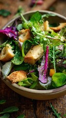 Artisanal Salad with Vibrant Greens, Magenta Chard, and Rustic Croutons in Soft Light.