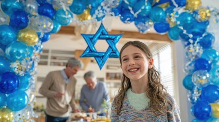 A joyful family is preparing for a festive celebration at home featuring the Star of David and balloons for a bat mitzvah