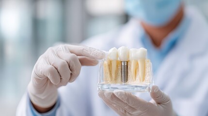 Dentist demonstrating a teeth model and highlighting an implant crown Understanding dental implants and oral care Medical services at a contemporary dental office