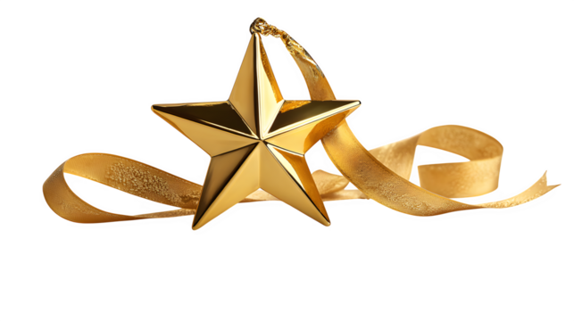 Golden 3D star ornament with ribbon reflection isolated on white background