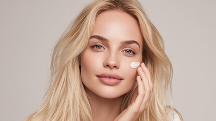 Naklejka premium Facial care Attractive woman applies cream to a model with gray features Blonde model with hand on face Spa treatment Skin therapy Cosmetic fillers