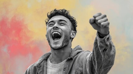 Energetic young man s victory collage in black and white on a pastel background