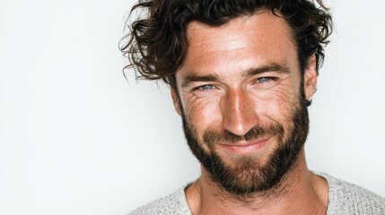 Close up image of a cheerful shirtless man in his 30s with stubble gazing at the camera against a white backdrop