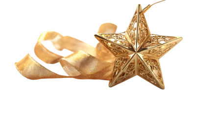 Golden 3D star ornament with ribbon reflection isolated on white background