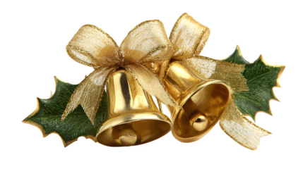 Golden Christmas bells with ribbon and holly leaf detail isolated on white background