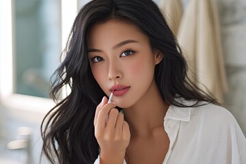 an asian woman applying lip gloss in front of a bathroom mirror, wearing a white shirt and black pants, looking at her reflection with a smiling expression while holding a lipstick stick