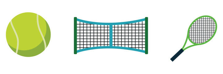 Tennis Equipment Illustration Featuring Ball, Net, and Racket Elements