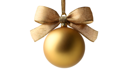 Golden Christmas ornament with bow and hanging ribbon isolated on white background