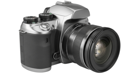 Silver and black digital SLR camera with lens on white background photography DSLR