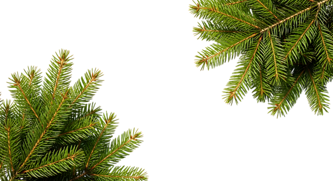 Green pine and cedar tree branches corner isolated on transparent background
