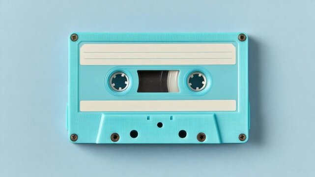 Vintage cassette tape with blank label against a soft blue background showcasing retro music and nostalgia in a modern setting 4k video footage