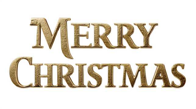 Golden "Merry Christmas" typography with luxury embossed finish isolated on white background