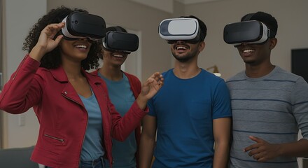 Group of friends experiencing virtual reality, sharing joy, smiles, and immersive technology