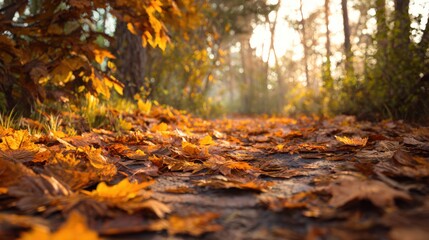 Fototapeta premium Autumn Leaves Cover a Path in Golden Light, Creating Warm, Peaceful Fall Mood