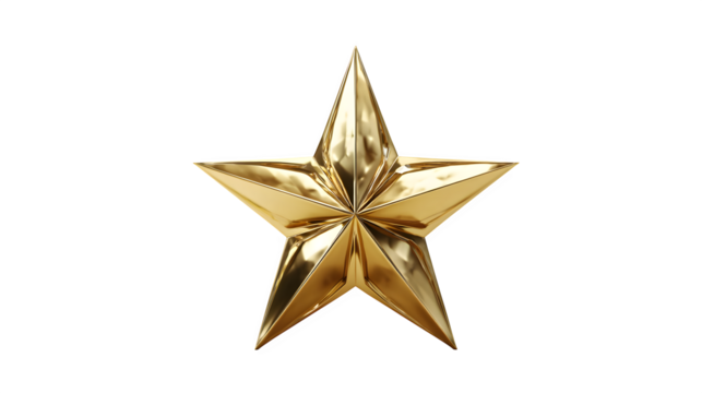 Golden five-pointed star with reflective finish isolated on white background