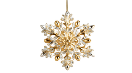Golden snowflake ornament with reflective metallic finish isolated on white background