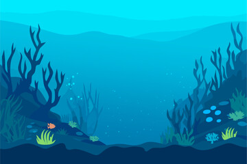 Flat vector illustration of a deep underwater scene. Dark blue ocean floor with coral silhouettes, sea plants, and bubbles. Minimalist background suitable for marine themes or games