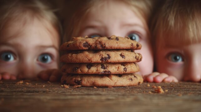 Kids crouching beneath the table to sneakily enjoy warm chocolate chip cookies