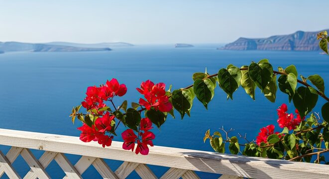 Beautiful red bougainvillea flowers in the foreground with a scenic, out-of-focus view of a calm blue ocean and a distant caldera under a clear sky from a sunny balcony - Powered by Adobe