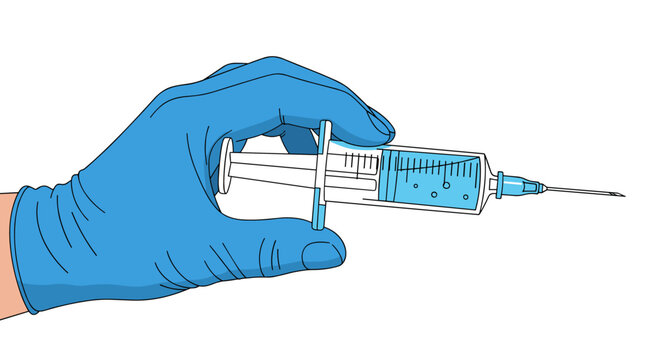 Hand wearing a blue glove holding a syringe filled with blue liquid.