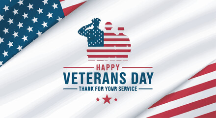 Happy Veterans Day banner design with saluting soldiers silhouettes and waving American flag background