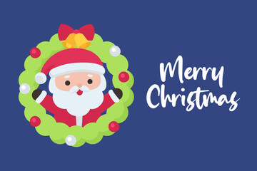 Santa face inside a bright Christmas wreath with ribbon and berries in festive greeting style