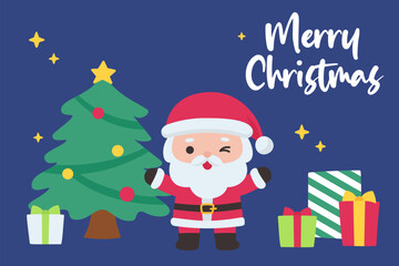 Santa beside decorated Christmas tree with gift boxes in joyful holiday greeting style