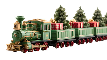 Green holiday train carrying gifts and Christmas trees isolated on white background