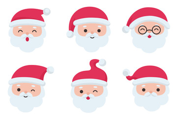 Santa face group displaying mixed emotions including joy, wink, and cheer in clean holiday style