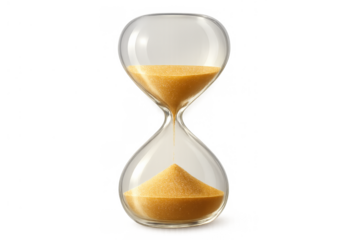Hourglass filling up with golden sand from the top, representing time running out, deadlines, and urgency. Transparent background