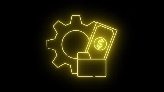 Glowing yellow outline of a gear dollar bill and file folder on a black background