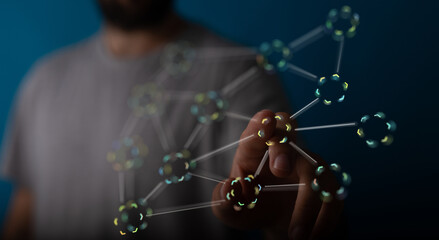 Person interacting with a futuristic digital network, global connections and communication concept. Technology,