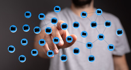 Close-up of a hand interacting with a digital network, concept for technology, data, or online connection.