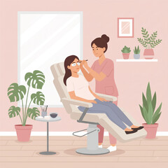 Illustration of a technician performing eyebrow tinting or microblading on a female client reclining in a treatment chair in a bright, pink-walled salon. Vector illustration
