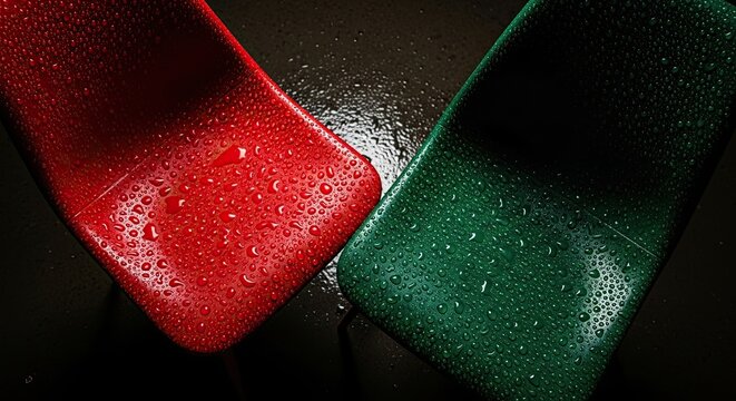 Close-up of two colorful chairs, one red and one green, covered in glistening water drops after the rain, creating a striking contrast against the dark, wet ground