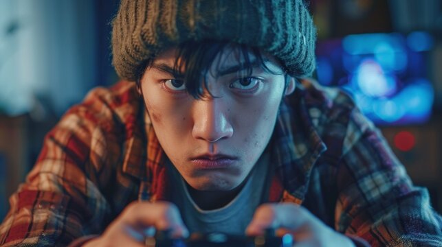 A teenager in a dark room with an intense gaze and a game controller conveys his fascination with the virtual world, becoming the backdrop for gaming reviews or technology news.