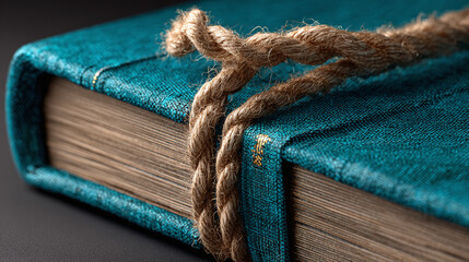 A close-up shot of a vintage book, bound by a rustic rope, evokes a sense of timelessness and scholarly pursuits. The book's aged pages suggest stories waiting to be told