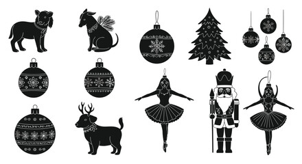 Black and white christmas icons featuring deer ornaments and nutcracker figures