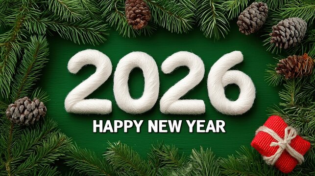 White number 2026 made of wool on a green background with pine branches and cones, a new years card frame with happy new year written in white. - Powered by Adobe