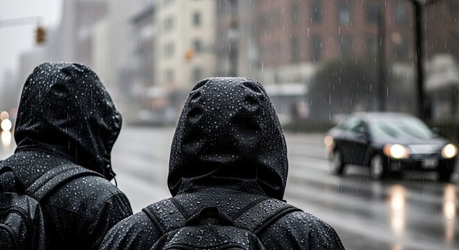Rear view of two people in black hooded jackets covered in raindrops, standing together on a wet city street during a downpour with blurred traffic in the background