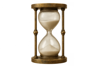 Hourglass with sand flowing, representing time passing, deadlines, urgency, measurement, and antique style, transparent background