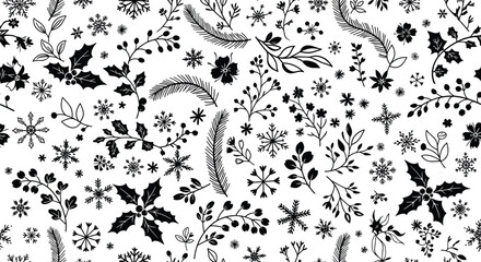 Delicate black and white floral pattern with leaves and feather details