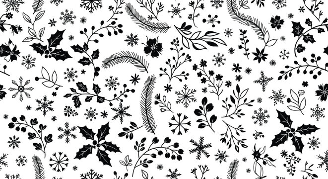 Delicate black and white floral pattern with leaves and feather details